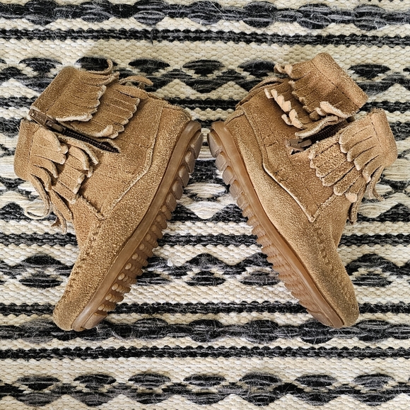 Minnetonka Double Fringe Side Zip Brown Leather Moccasins kids sz 8 - Picture 4 of 8